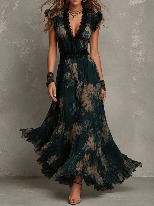 Alime | Vestido Largo Con Estampado Floral Y Ribete De Encaje