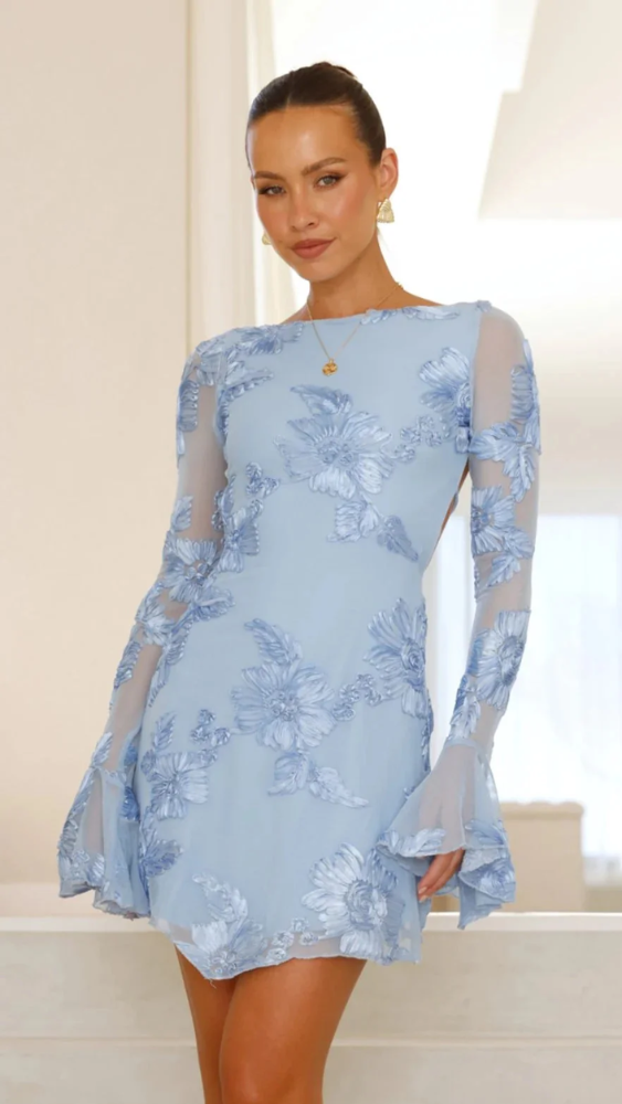 Keelly | Minivestido de Manga Larga Con Malla Floral