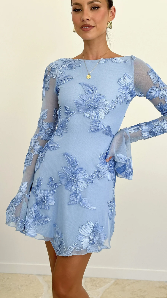 Keelly | Minivestido de Manga Larga Con Malla Floral