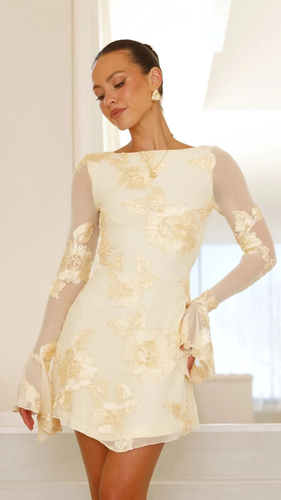 Keelly | Minivestido de Manga Larga Con Malla Floral