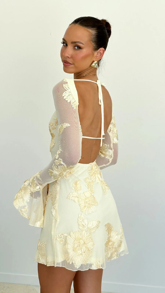 Keelly | Minivestido de Manga Larga Con Malla Floral