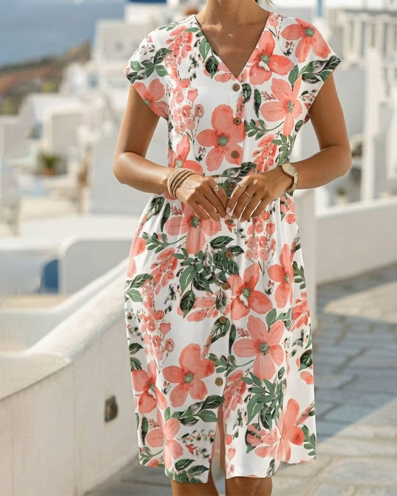 Sinera - Vestido Midi Con Cuello en V y Estampado Floral