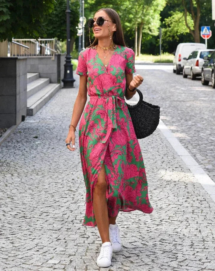 Theresita | Vestido midi de Manga Corta con Estampado Floral