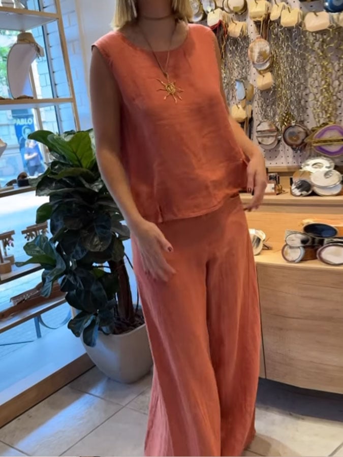 Leonila | Conjunto de Dos Piezas Top Sin Mangas y Pantalones de Pierna Ancha