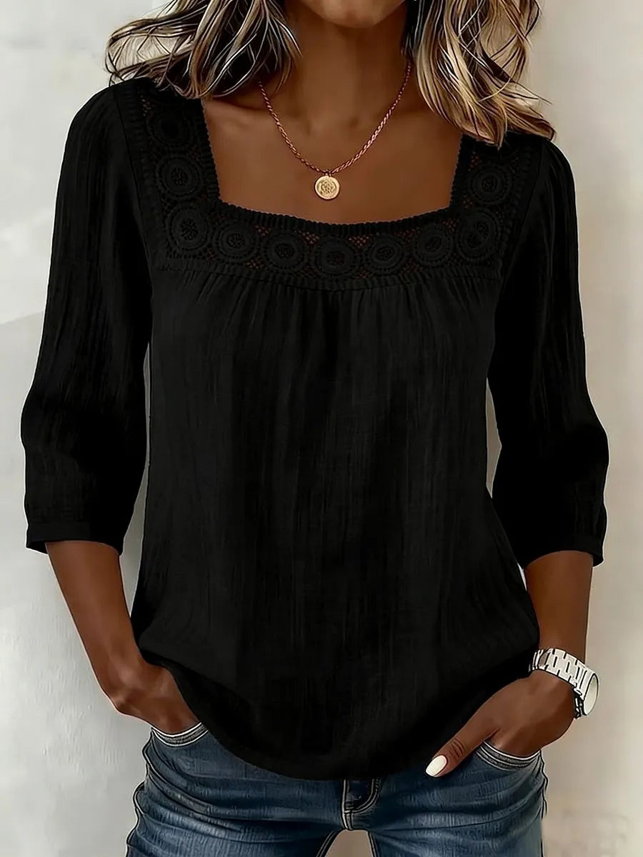 Nozomi | Blusa Con Encaje Decorativo y Escote Cuadrado