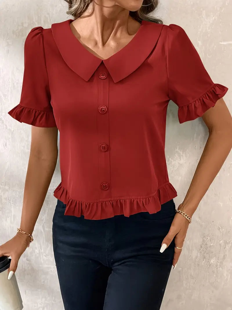 Foteini - Blusa de Manga Corta Con Cuello Peter Pan