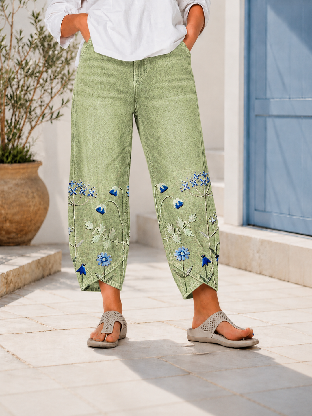 Selcen | Pantalón Recto Bordado Floral Casual