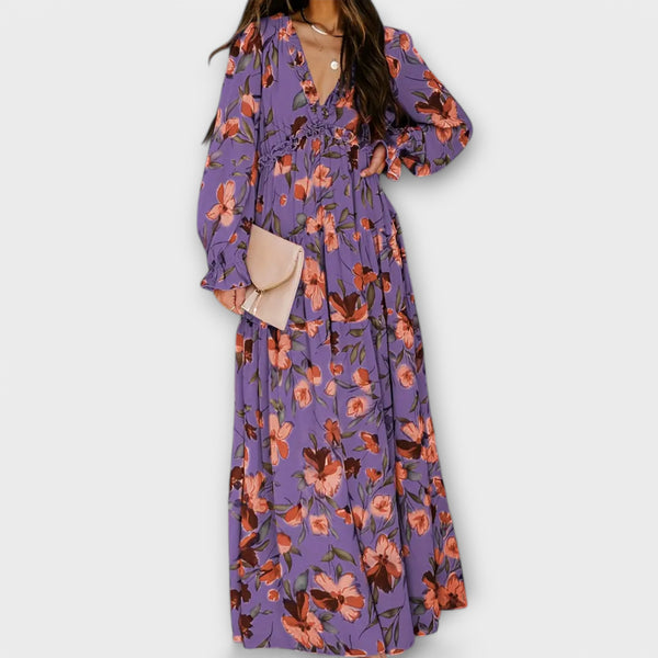 Vanna | Vestido Largo Floral con Escote en V y Manga Larga