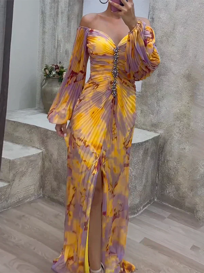 Hileni | Vestido Largo Con Estampado Plisado Y Hombros Descubiertos