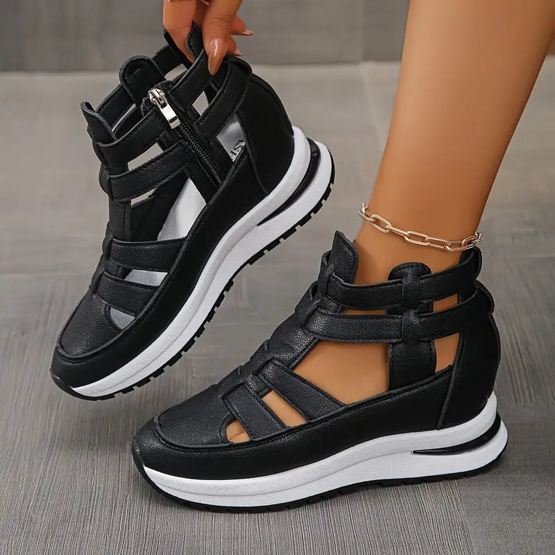 Souad - Sandalias de cuña con plataforma y tiras caladas con cremallera