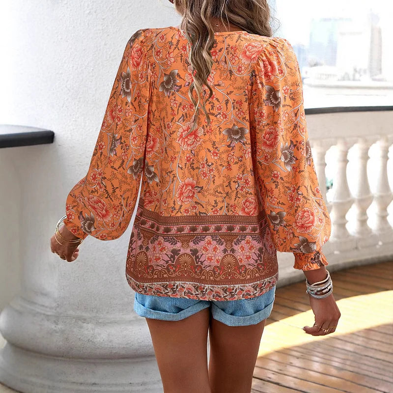 Sallie - Blusa Campestre Con Estampado Floral y Lazo en el Cuello