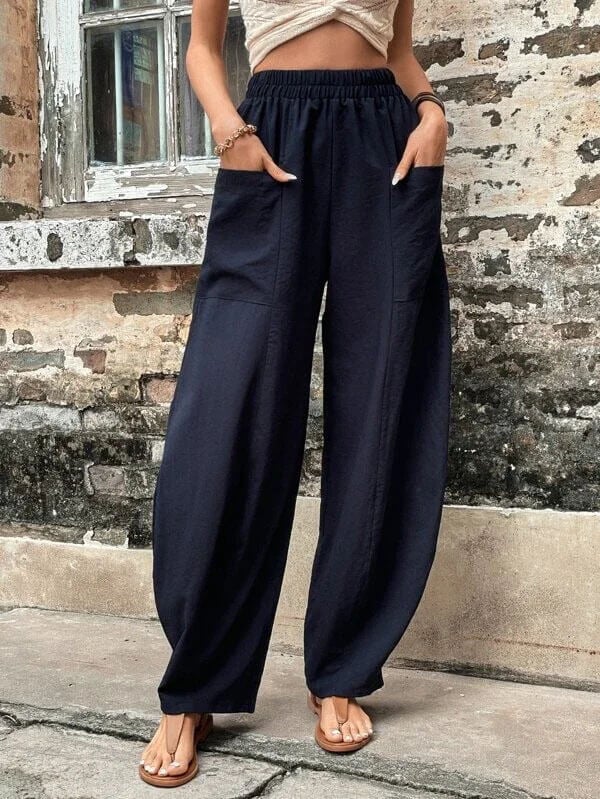 Salomee | Pantalones Informales De Corte Ancho Con Cintura Elástica Y Bolsillos