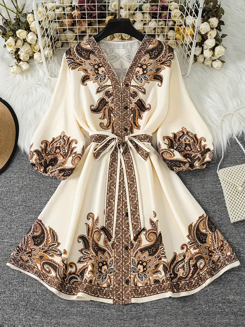 Gwenda | Vestido Evasé Estampado Paisley Cuello V