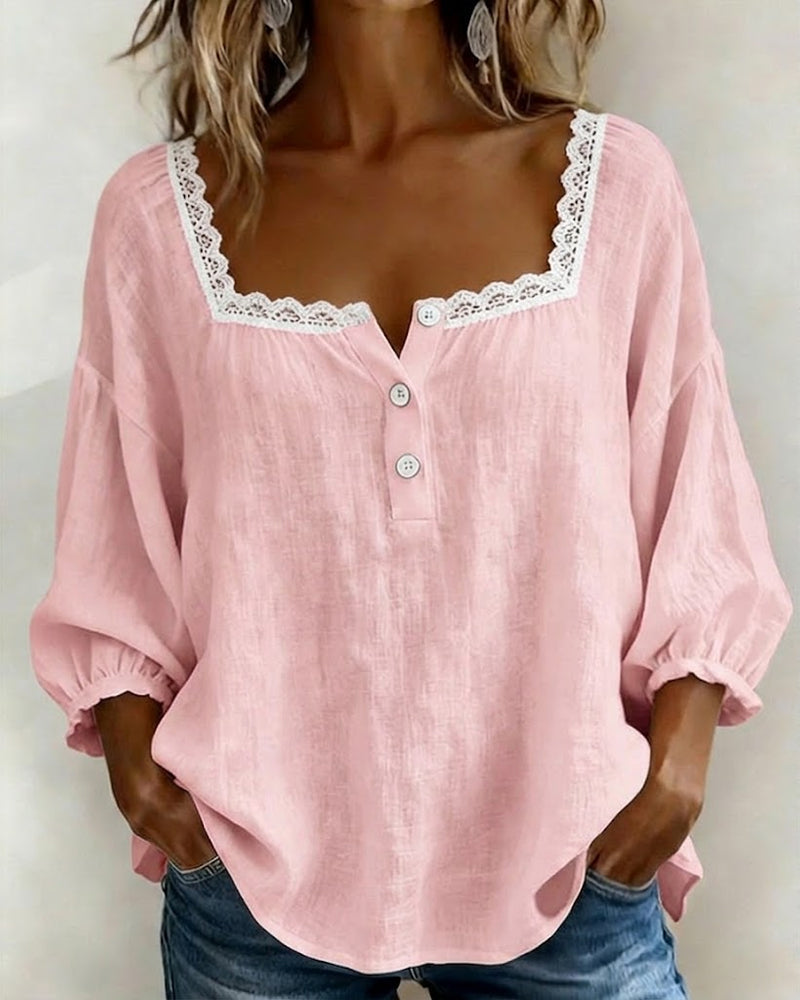 Yana - Blusa de Cuello Cuadrado y Mangas Abullonadas con Ribete de Encaje
