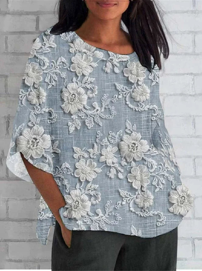 Shirin | Blusa de Cuello Redondo con Bordado Floral