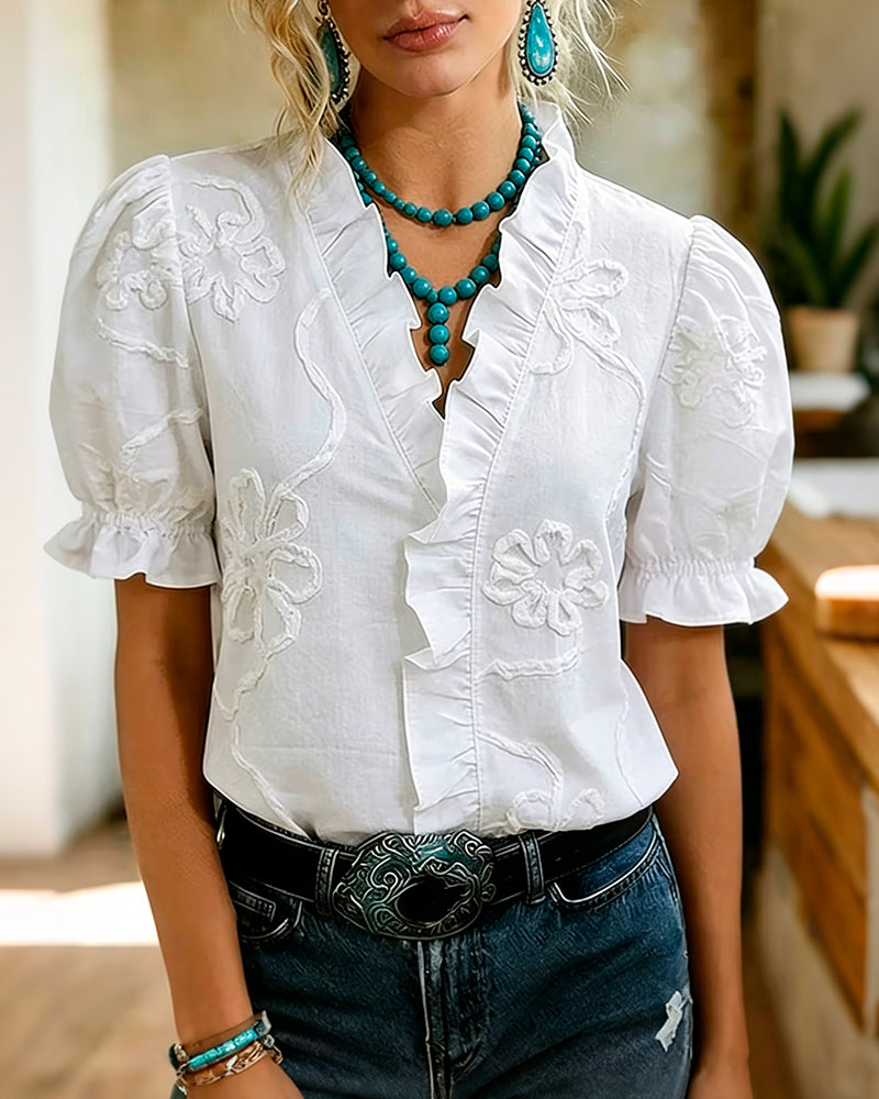 Lillynn | Blusa Escote V Con Volantes Y Manga Abullonada