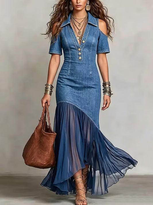 Presley | Vestido Maxi Denim Hombros Descubiertos