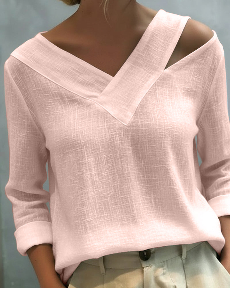 Makeeta - Blusa de Manga Larga con cuello en V Asimétrico