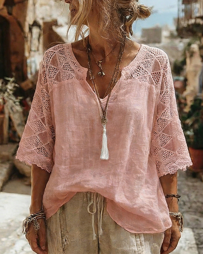 Essien - Blusa Holgada Con Cuello en V y Mangas de Encaje