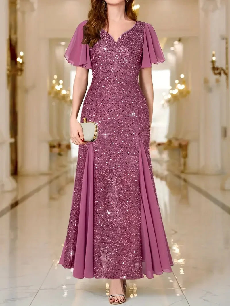 Hinrikka | Vestido Largo Con Mangas Con Volantes Y Lentejuelas