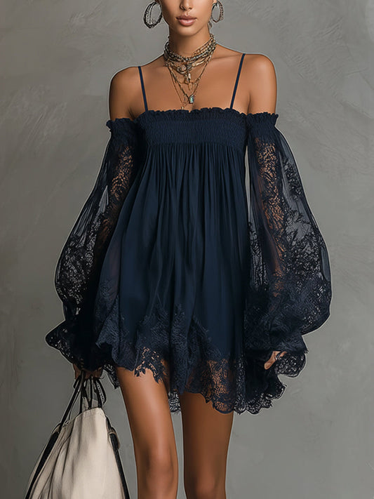 Charity - Vestido mini azul Marino con Hombros Descubiertos y Mangas de Encaje
