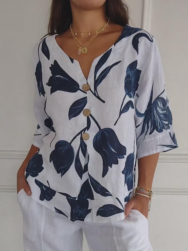 Despoina - Blusa con Estampado Floral Cuello en V y Botones en la Parte Delantera