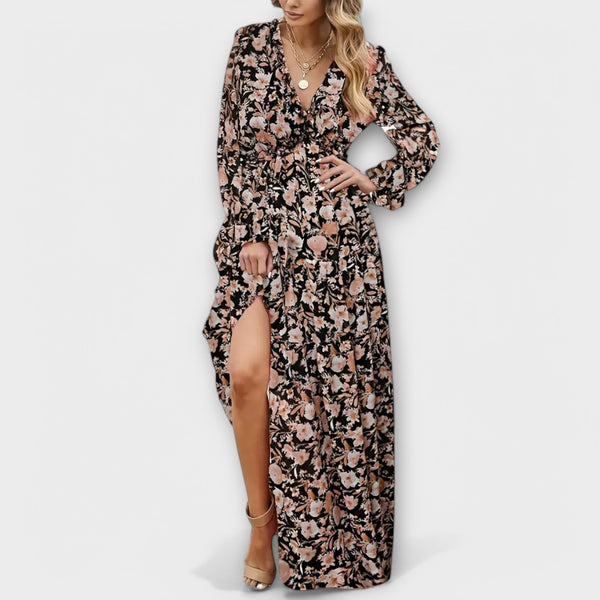 Vanna | Vestido Largo Floral con Escote en V y Manga Larga
