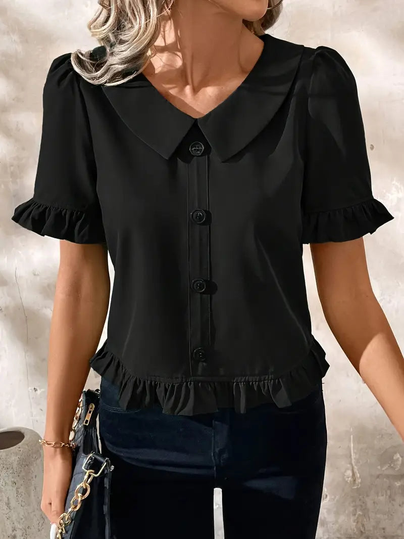 Foteini - Blusa de Manga Corta Con Cuello Peter Pan