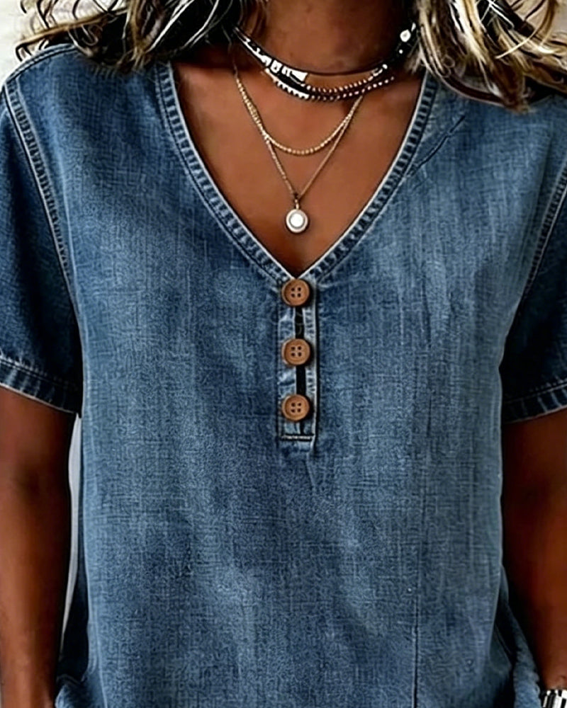 Lyjena - Blusa de Estilo Vaquero Con Cuello en V y Botones