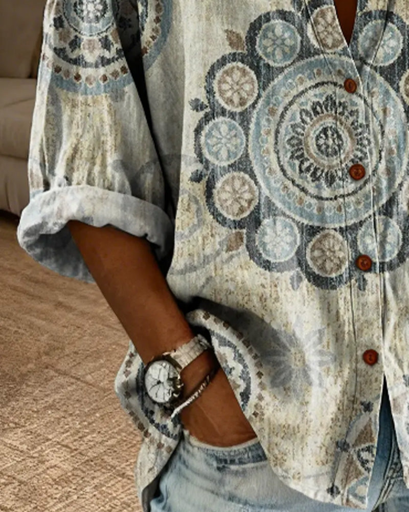 Nirita - Blusa de Manga Larga Con Estampado de Mandalas y Cierre Frontal Con Botones
