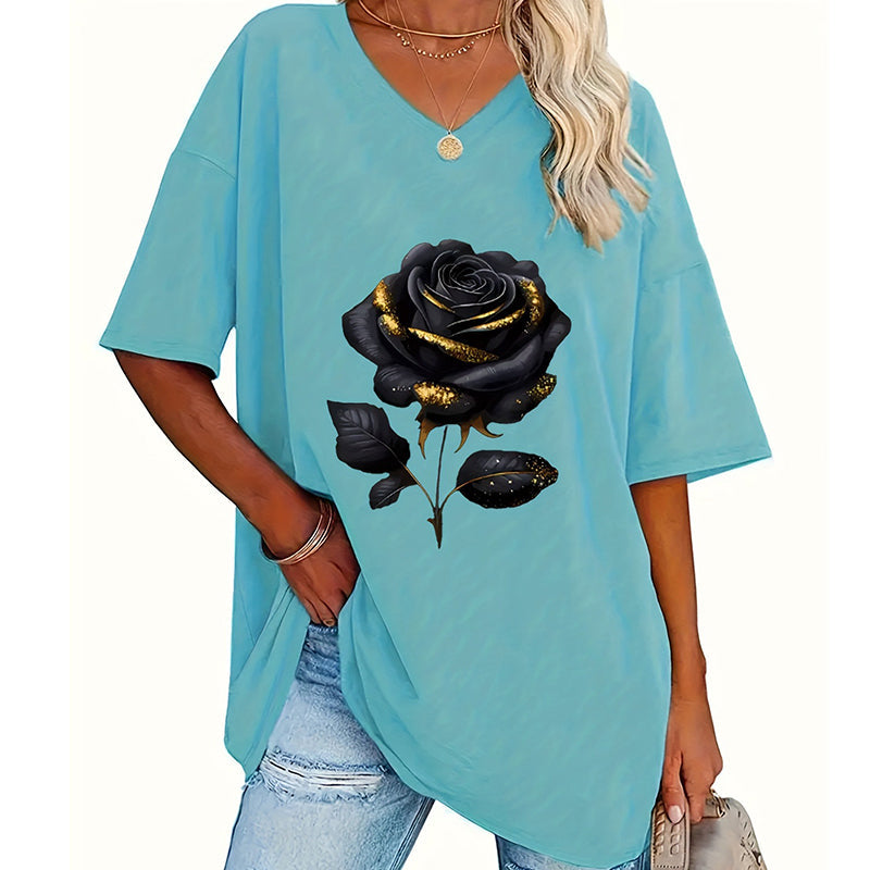 Aijia | Camiseta Cuello V Estampado Rosa Manga Corta