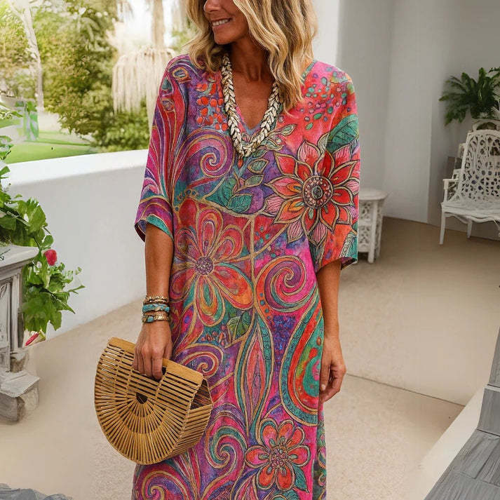 Maud | Vestido Largo Con Cuello en V Y Estampado Floral
