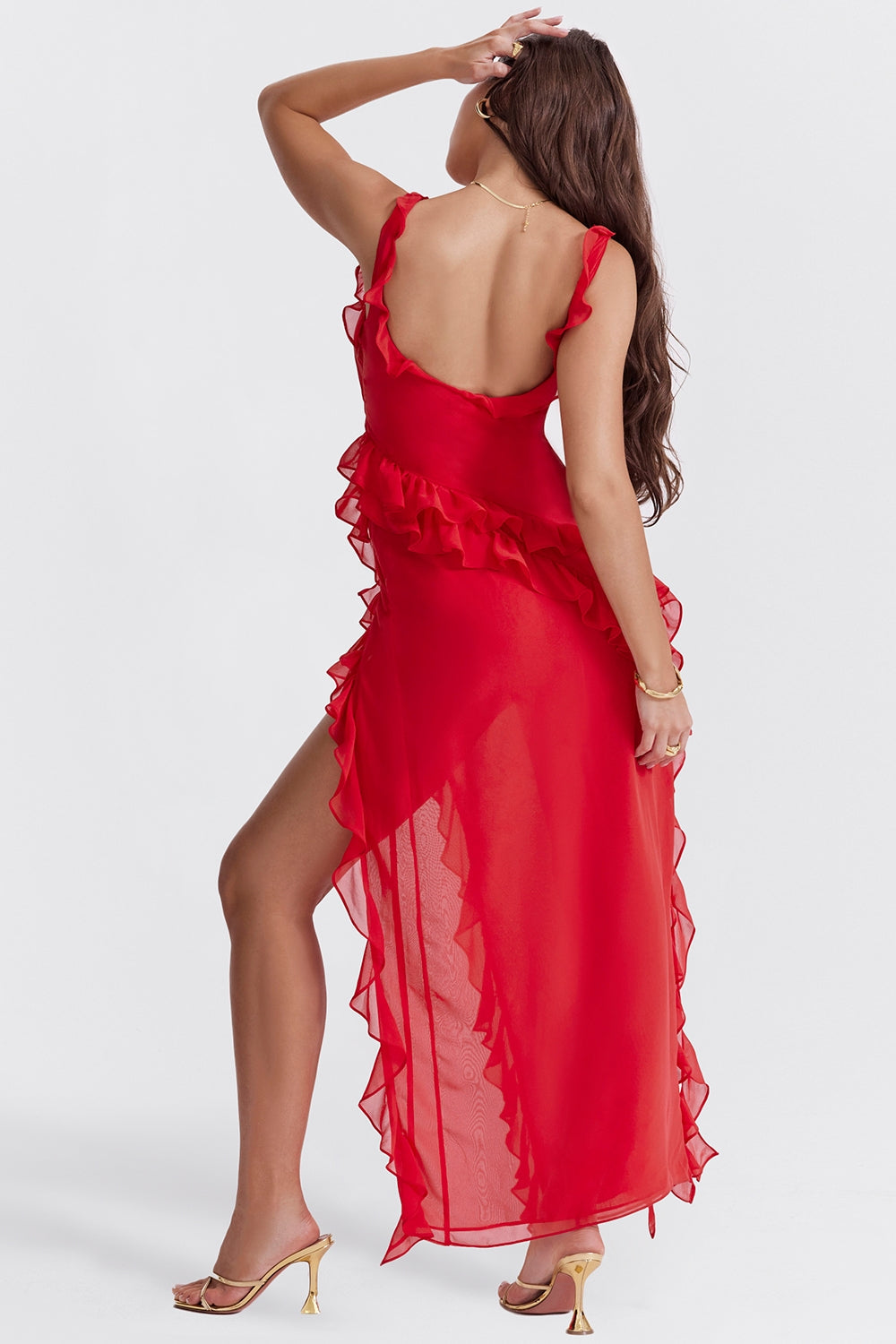 Dalia |Vestido Largo Sin Mangas Con Abertura y Ribete de Volantes