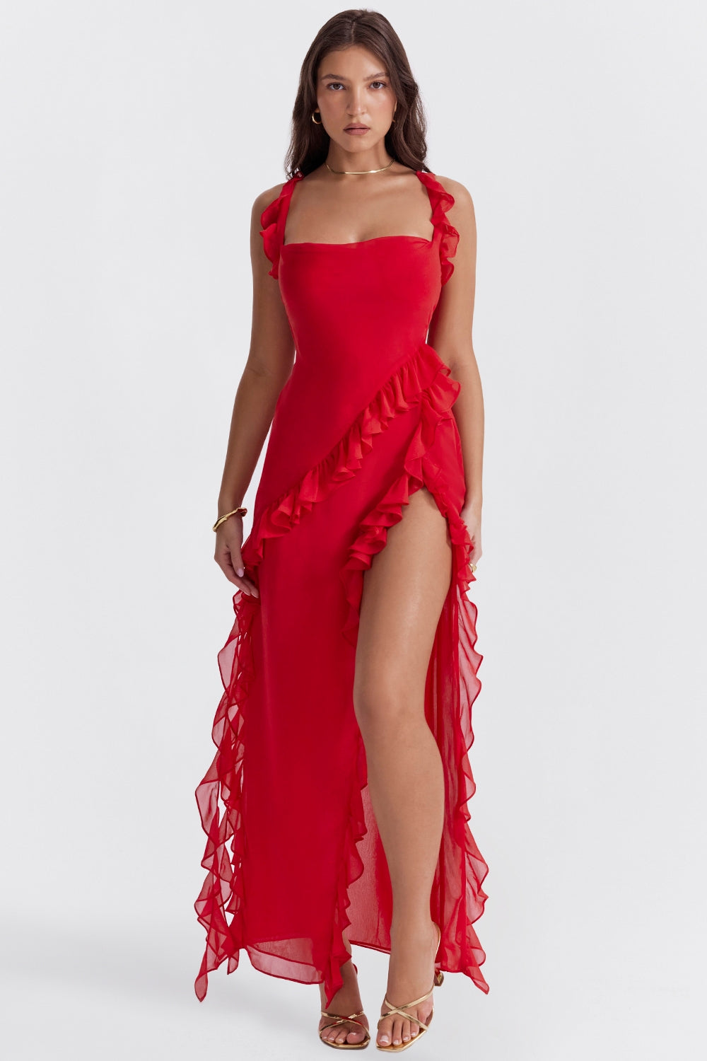 Dalia |Vestido Largo Sin Mangas Con Abertura y Ribete de Volantes