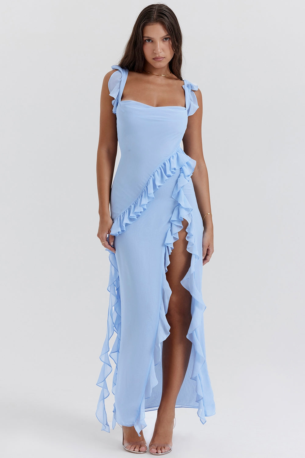 Dalia |Vestido Largo Sin Mangas Con Abertura y Ribete de Volantes