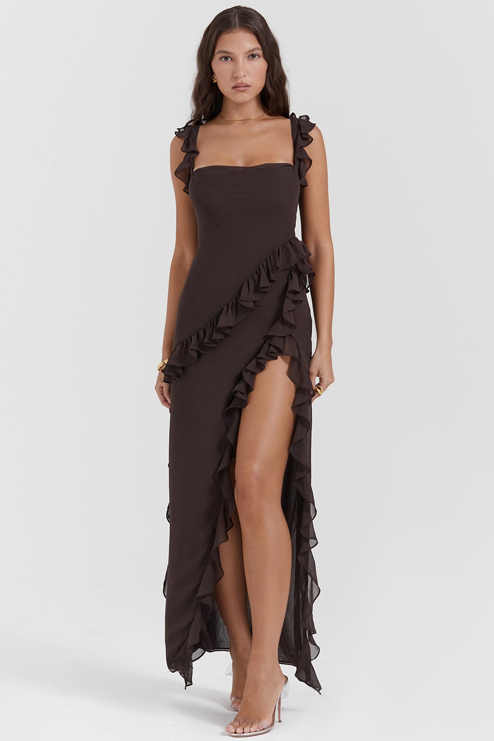 Dalia |Vestido Largo Sin Mangas Con Abertura y Ribete de Volantes