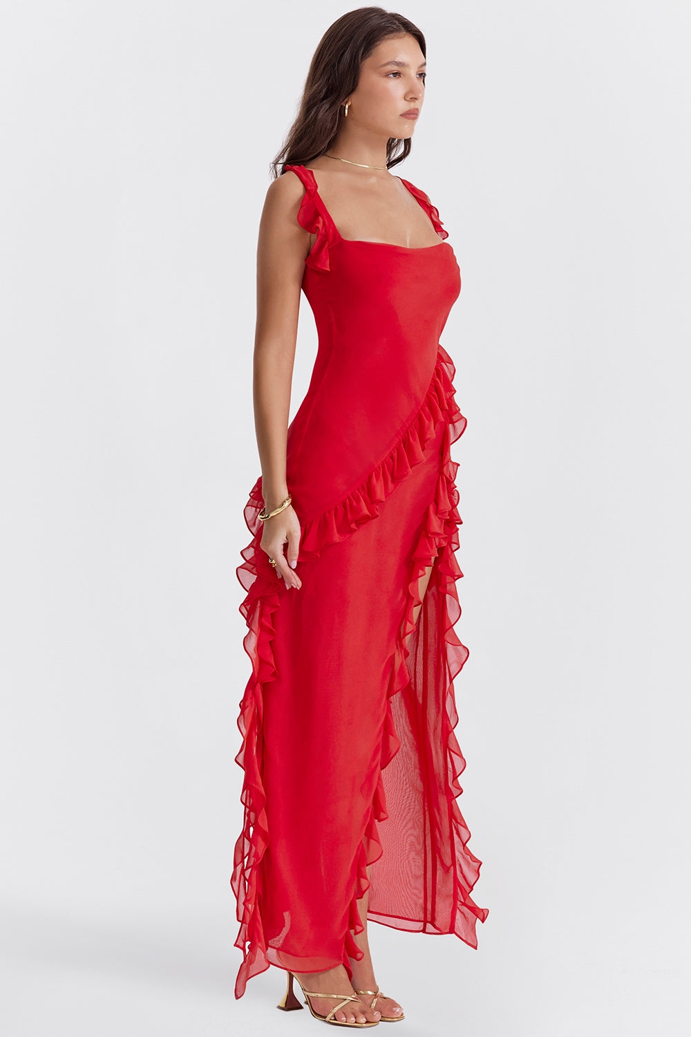 Dalia |Vestido Largo Sin Mangas Con Abertura y Ribete de Volantes