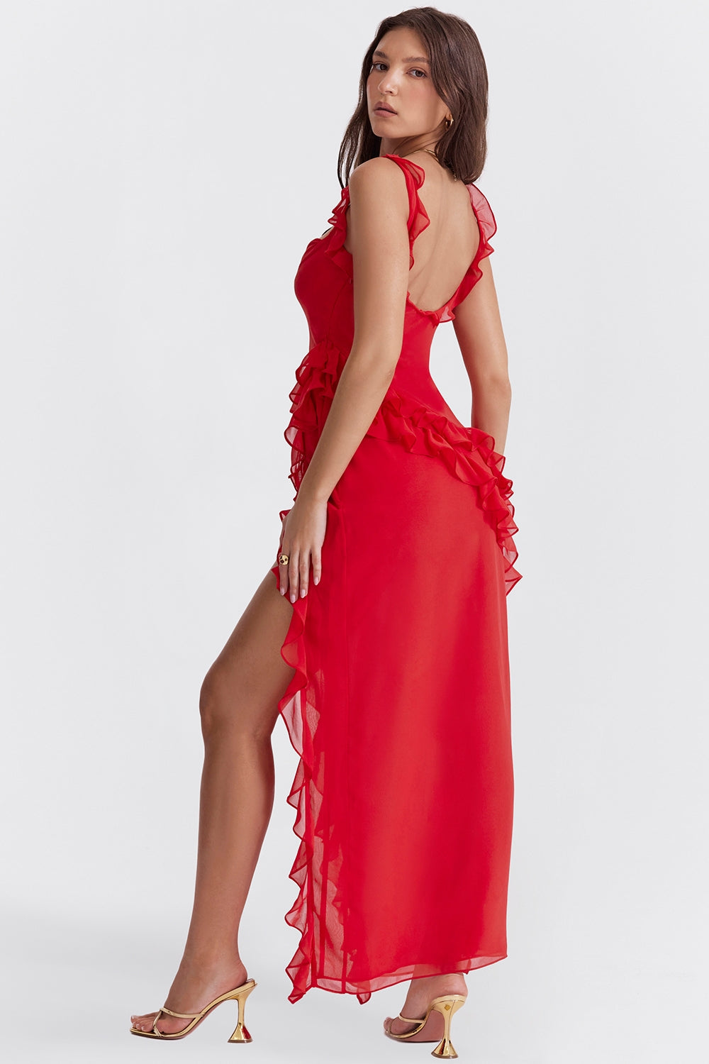 Dalia |Vestido Largo Sin Mangas Con Abertura y Ribete de Volantes