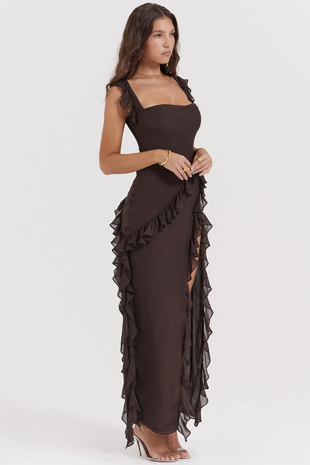Dalia |Vestido Largo Sin Mangas Con Abertura y Ribete de Volantes
