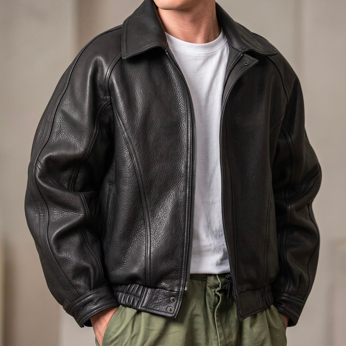 Prismglide | Chaqueta de Cuero con Cierre y Cuello Estructurado