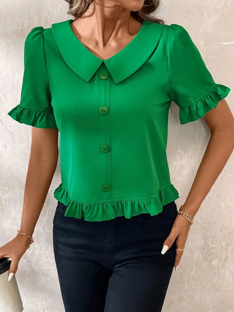 Foteini - Blusa de Manga Corta Con Cuello Peter Pan