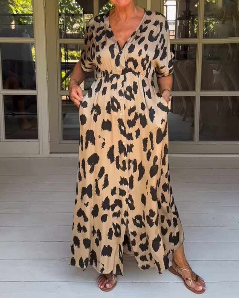 Kawtar | Vestido Largo Con Estampado De Leopardo Y Escote en V