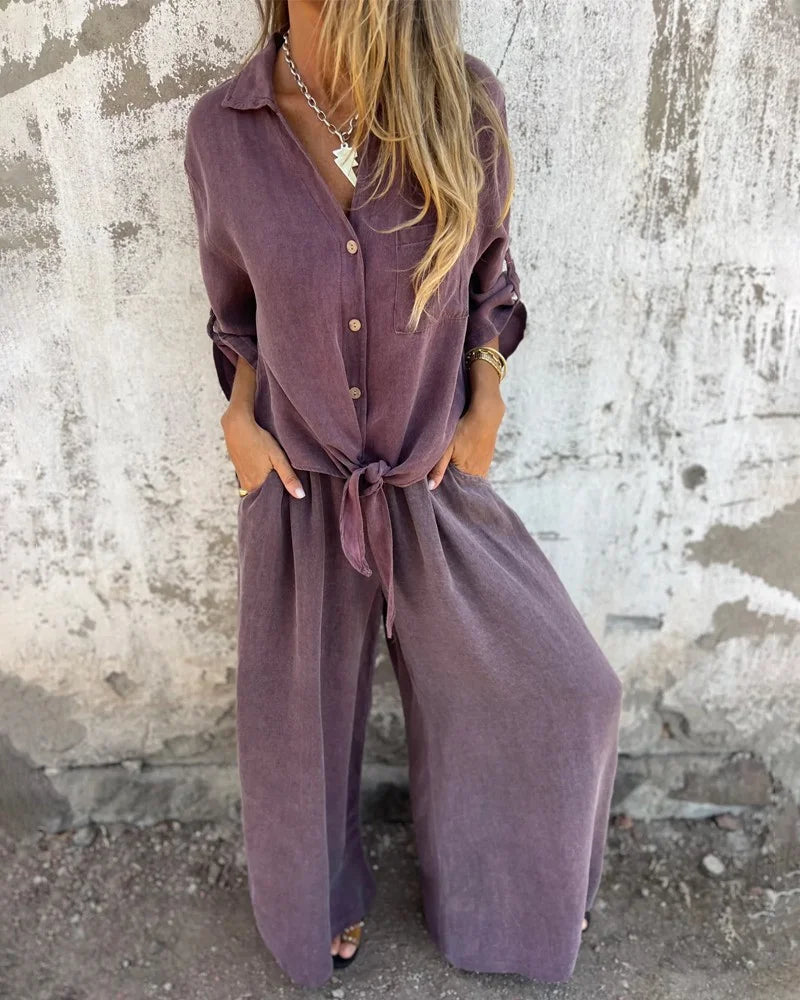 Bogna | Conjunto de Dos Piezas Camisa Con Lazo Delantero y Pantalones de Pierna Ancha