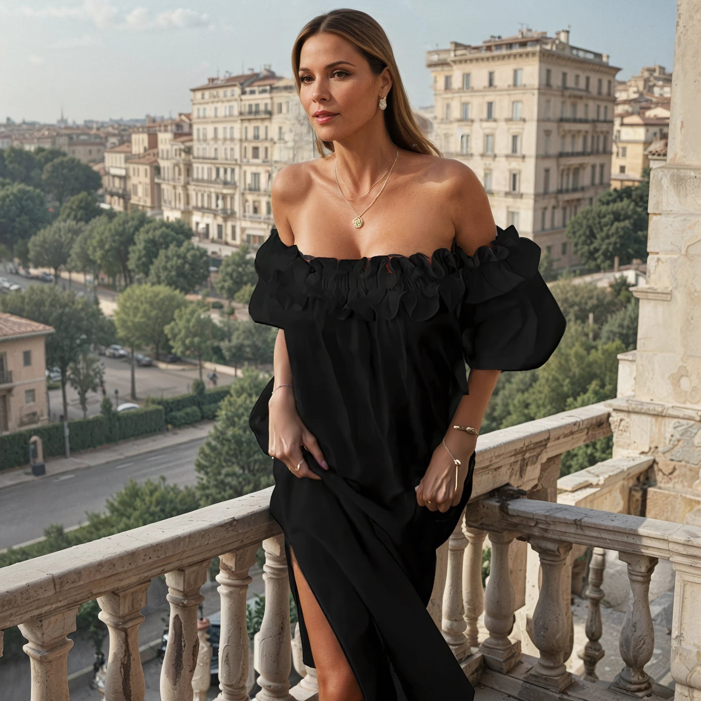 Francisca | Vestido Largo de Verano Con Volantes y Hombros al Aire