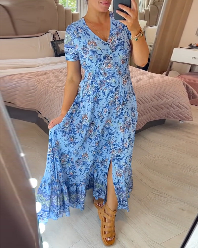 Wibia | Vestido Midi De Manga Corta Con Estampado Floral, Cuello en V Y Botones en La Parte Delantera