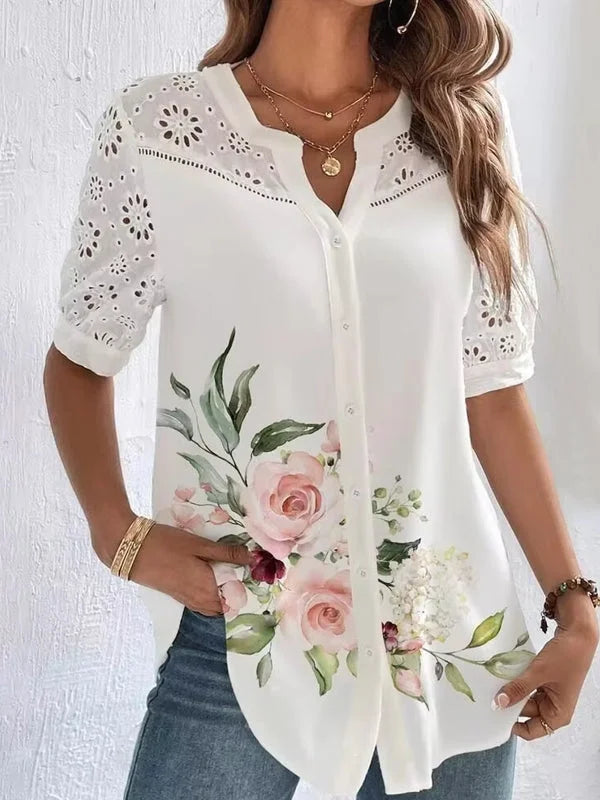 Zoila | Blusa Con Estampado Floral, Mangas Con Ojales Y Botones