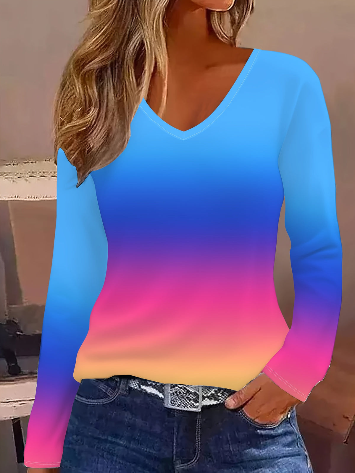 Geneieys | Camiseta de Manga Larga con Escote en V
