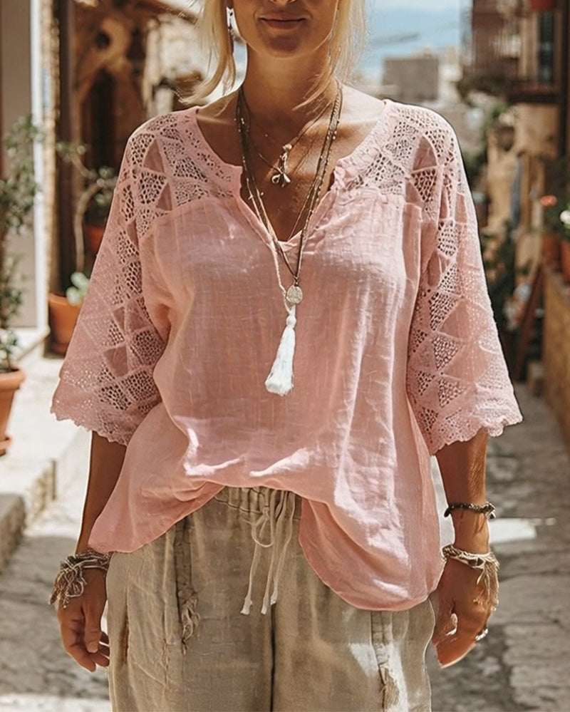 Essien - Blusa Holgada Con Cuello en V y Mangas de Encaje