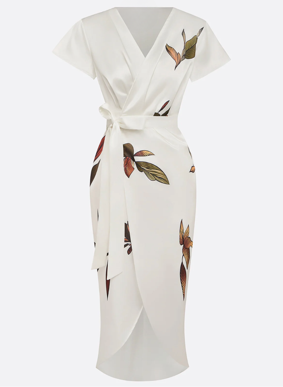 Beverly | Vestido MIDI Cruzado Blanco Con Estampado Floral Y Cuello en V