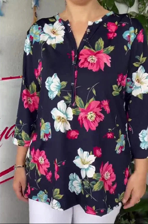 Nahikari | Túnica Estampada Cuello V Manga Tres Cuartos